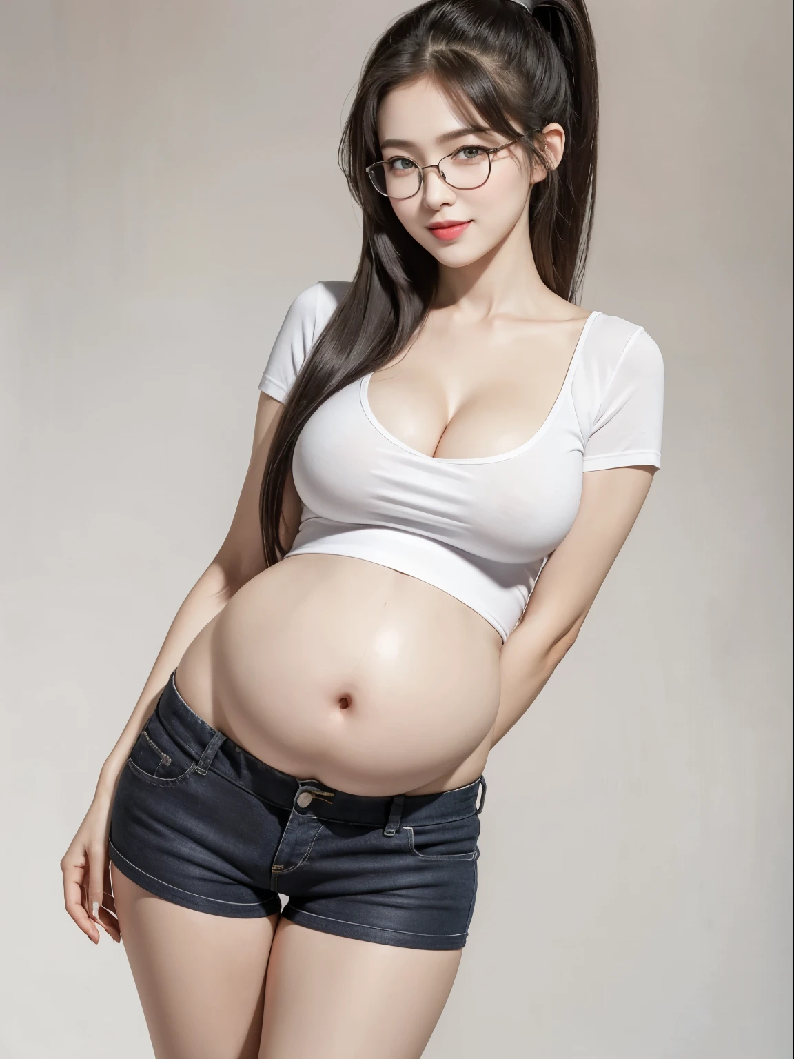 (Best quality, masterpiece, detailed), (RAW, 4k, hd images), 1 girl, , white skin, long hair, ponytail, layers hair, bangs, black hair, beautiful girl, cute girl, sweet girl, pretty girl, perfect girl, perfect body, pretty eyes, blue eyes, thin lips, (eye line, lip soft), perfect round breast, glasses, wayfare, simple background, smile, thigh, legs, tshirt, short pants, full body, modeling pose, free style pose, random angle capture, do guts pose, cleavage, pregnant, huge belly