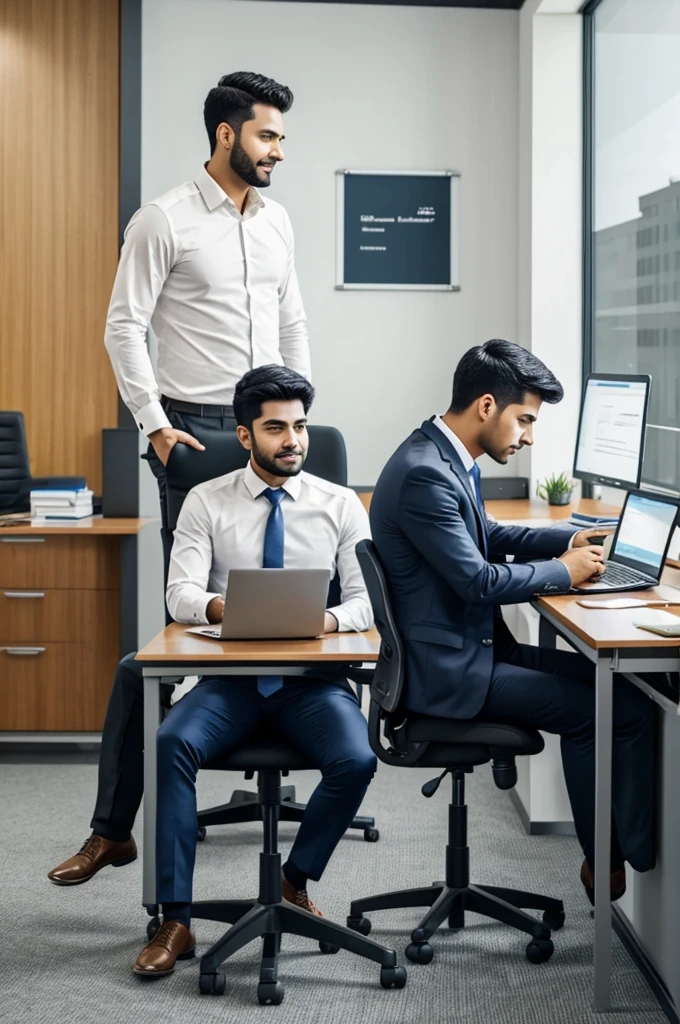 Make boys group see laptop and sit on chair in office full seen office in the wall of the office write online work 