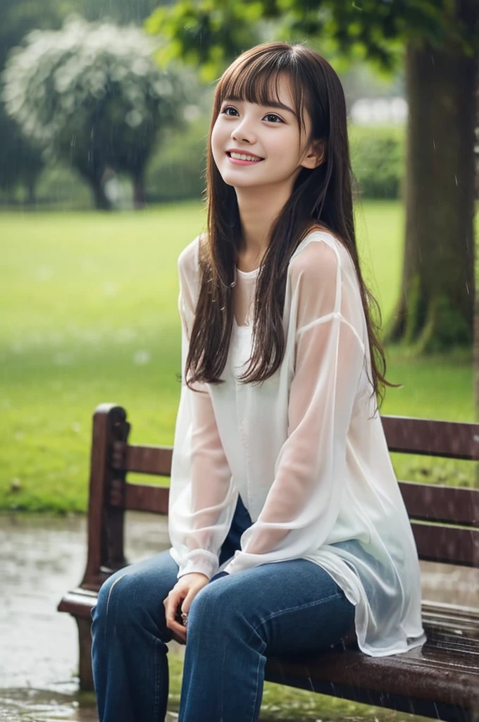 22year old beautiful girl、Highest image quality、realistic、16K、beautiful woman、long hair、With bangs、Pretty slim、heavy rain、While walking through the Park in the rain、wet from heavy rain、Full body figure、Look up at the sky、sitting on a park bench、Smile a little