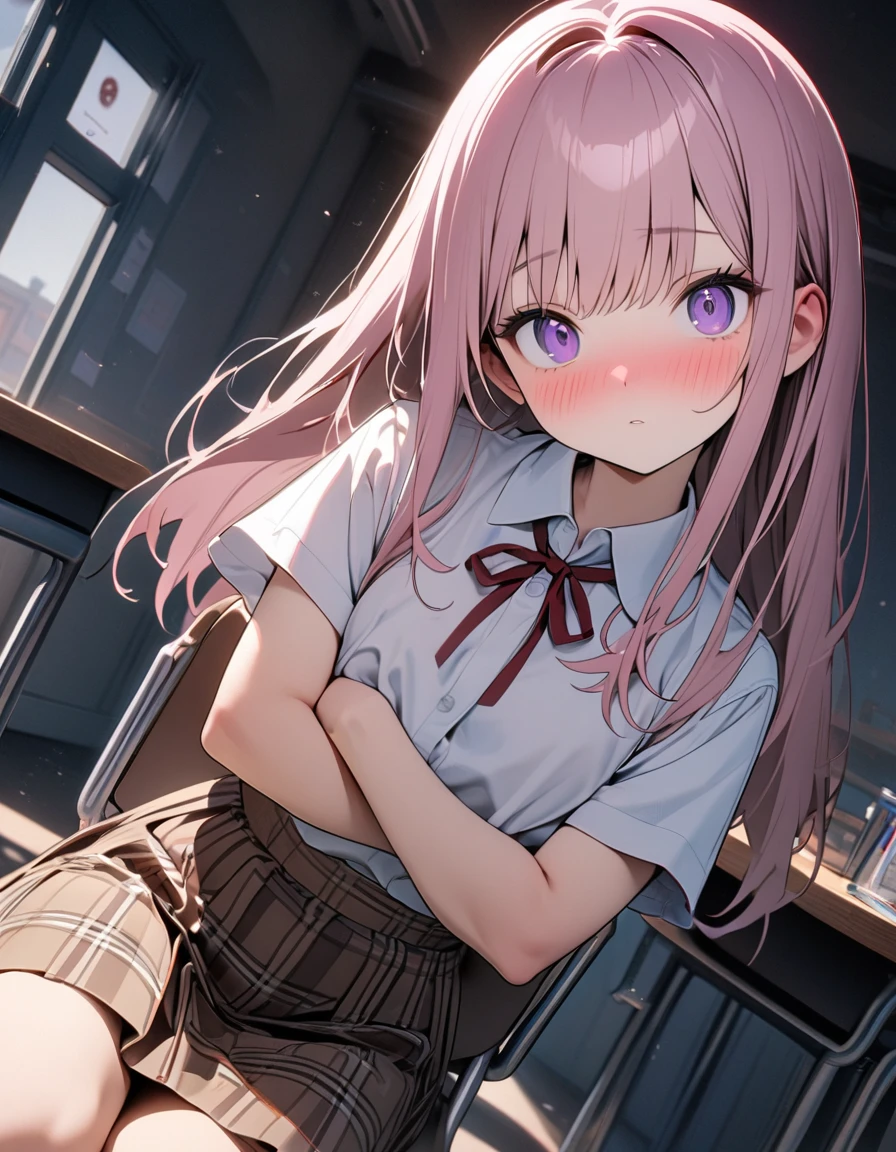 (8K, best quality, master piece: 1.2),super high resolution,1 cute girl,独奏,yo,ultra-detailed face,detailed eyes,purple eyes,upturned eyes,Sitting in a chair,((head tilt)),(fold-arms,spoken question mark),Straight hair,Long hair,Smoky pink hair,short sleeve white Blouse shirt,Brown skirt in plaid skirt,Ribbon tie,flabbergasted,nose blush,It's a D cup,There is a study desk in front of the girl,Professional Lighting,Dutch Angle,School classroom