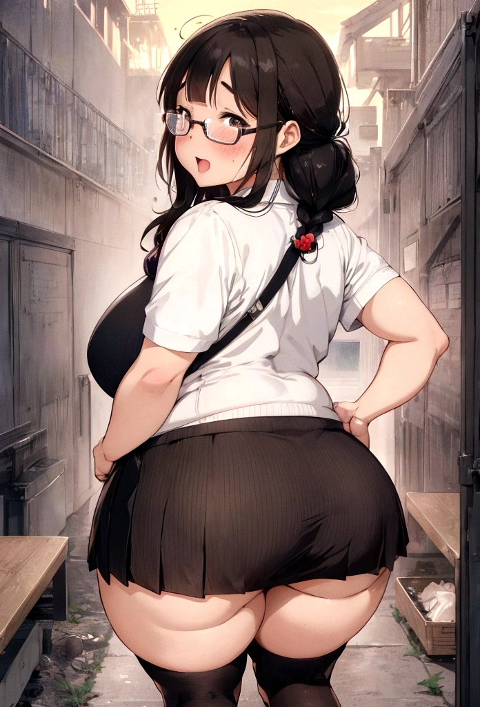 Anime-style image of a woman wearing a short skirt and glasses, hyperRealistic , a hyperRealistic , chic, Realistic , , Gwaiz, artwork in the style of Gwaiz, (SFW) Safe at Work, [ 4k digital art ]!!, Short full body portrait!,(masterpiece), (One serious civil service commissioner: 1.3), (Super thick and plump body: 1.3), (Huge breasts and buttocks)), (Small Head: 1.2), (Very small uniform)), (Shiny skin: 1.2), (A speech while crouching in the stands in the schoolyard in the morning)), {fat},1boy, penis, doggystyle, from behind, spreadassms, chubby body, fat body, short,ultra detailed, masterpiece, best quality, blush, a woman, rolling eyes, open mouth, school girl, wearing , wearing glasses, classroom, sunset, light particles, hdr, brown grey hair, midium wavy hair, shiny hair, bang, single braid, clear grey eyes, Smiling Kiss, Tongue Out, アニメ ,orgasm face, sexual climax, bitch, back shot, back view, low angle, from below, back view, arched back, looking back, all fours, chubby body, BIG ASS , saliva, BBW, slender waist, anal, seiza, hands on head,white eyes, Hand Drawn, Showing Ass, Bobcut, Knee socks, (Super thick and plump body: 1.3), Butt sticking out, Close your legs, seiza, spread legs, pleated skirt, Stretch your arms back, long pleated skirt, I can&#39;t see your butt, Buttocks hide, Arms folded behind back, Super big butt, Awesome numbness , Plump , Chubby, Butt sticking out,