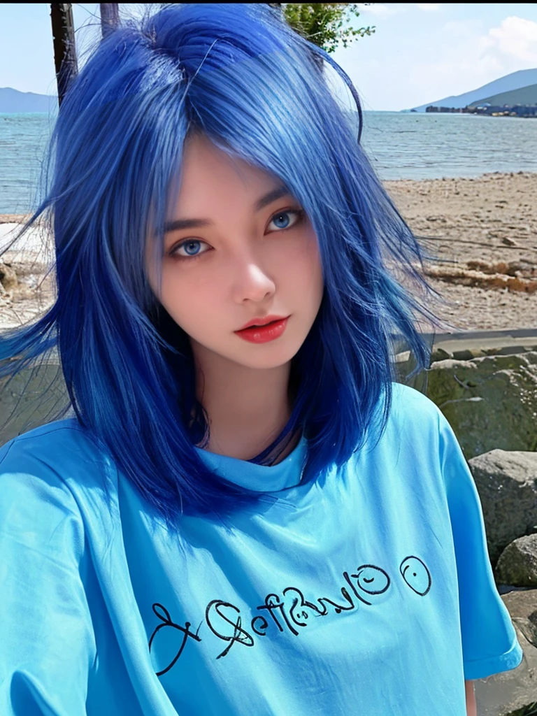 8K high quality，1 woman，Blue Hair：1.5，Look at the camera