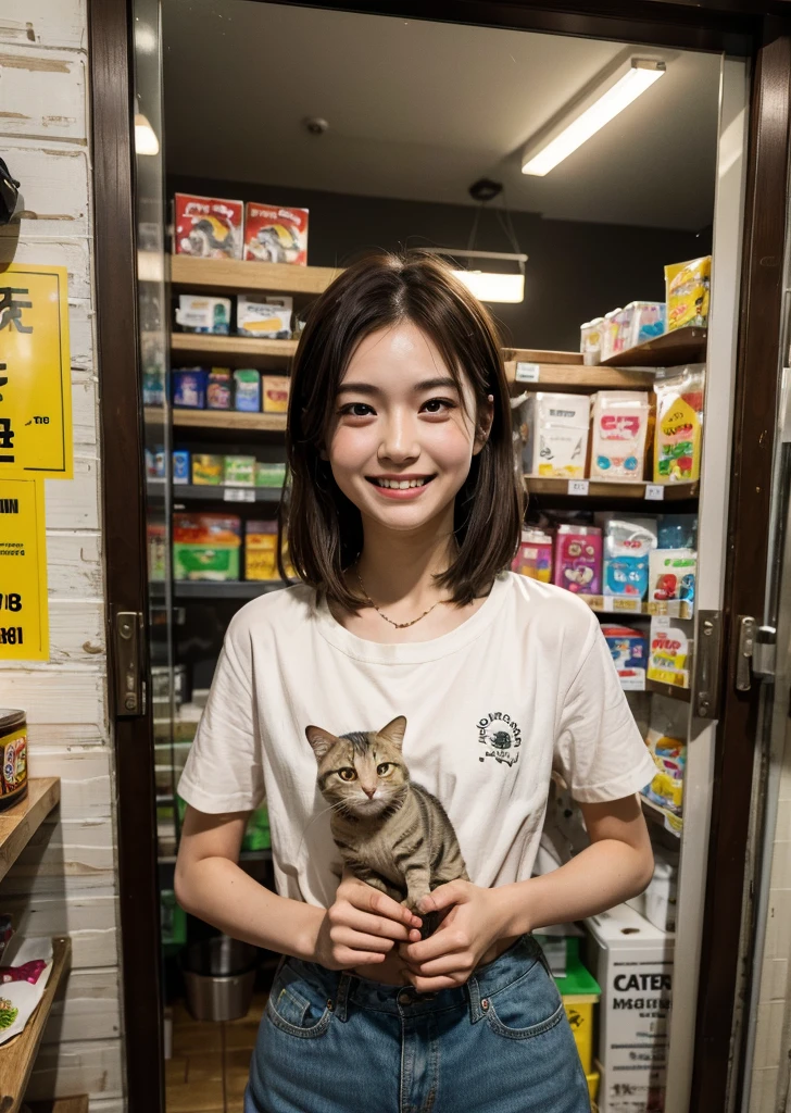 Realistic, photo-Realistic:1.37),(8K, RAW Photos, Highest quality, masterpiece:1.2), Ultra-detailed, 超High resolution, Kodak Vision Color, Filmed with an Arricam LT camera,Highest quality, Lively, 8K, High resolution, Escape, (Professional Lighting), (Portraiture:0.6), Brown Hair,22 years old、slender、pet Shopの店員、pet Shop、laugh、looks fun、