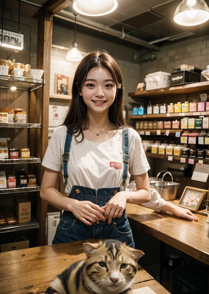 Realistic, photo-Realistic:1.37),(8K, RAW Photos, Highest quality, masterpiece:1.2), Ultra-detailed, 超High resolution, Kodak Vision Color, Filmed with an Arricam LT camera,Highest quality, Lively, 8K, High resolution, Escape, (Professional Lighting), (Portraiture:0.6), Brown Hair,22 years old、slender、pet Shopの店員、pet Shop、laugh、looks fun、