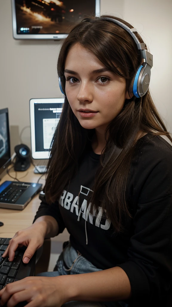realistic photo, girl of European appearance, Brown hair, detailed, a gamer, In gaming headphones, at home on the computer, home gaming computer