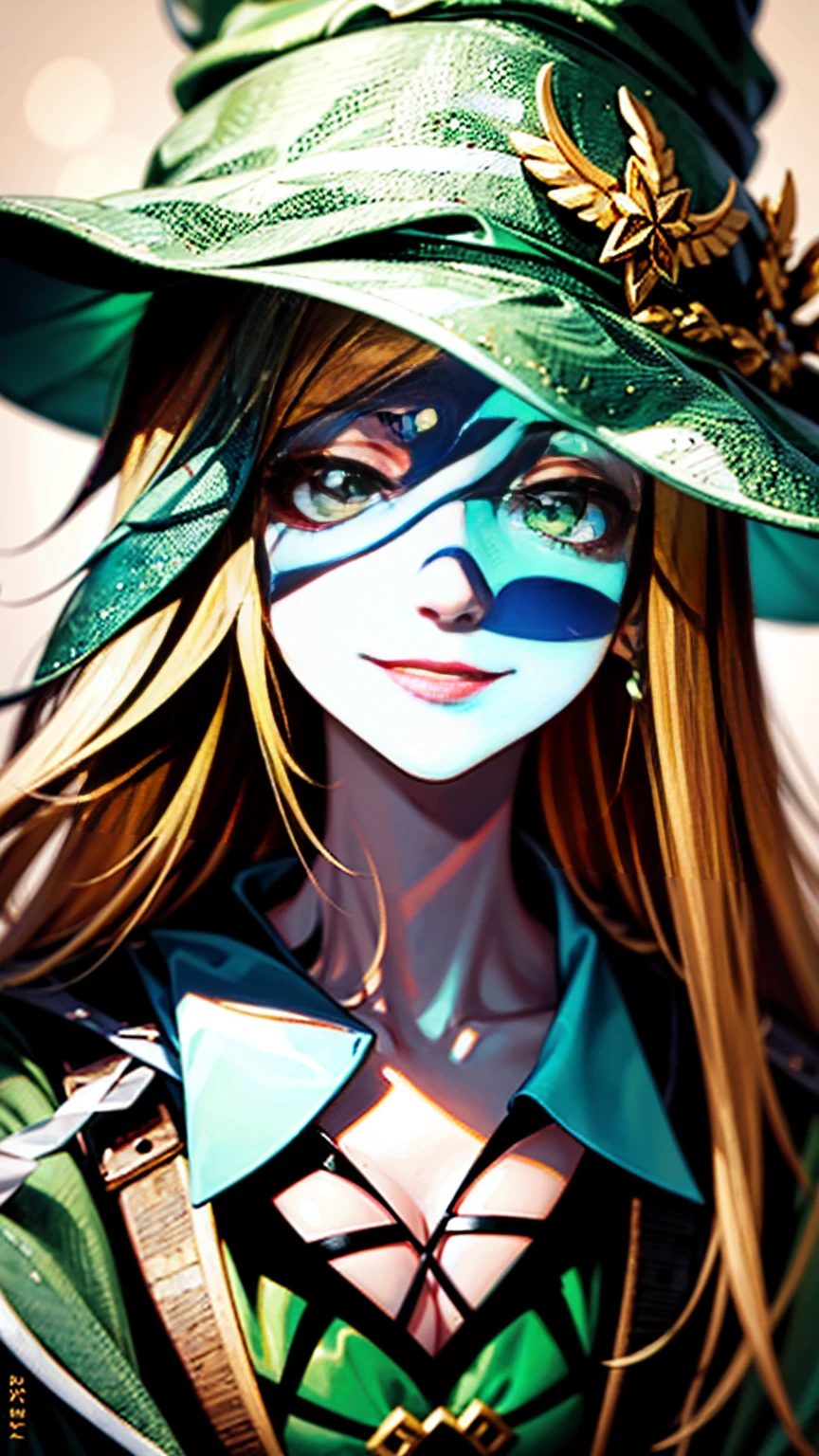 Anime girl in green witch hat and green witch outfit, Blonde, extremely detailed art gelm, Gwaiz, art gelm and atey ghailan, marisa kirisame, art gelm. High detail, Cunning Smile, Close-up portrait of a magician, art gelm detailed, stanley art gelm lau