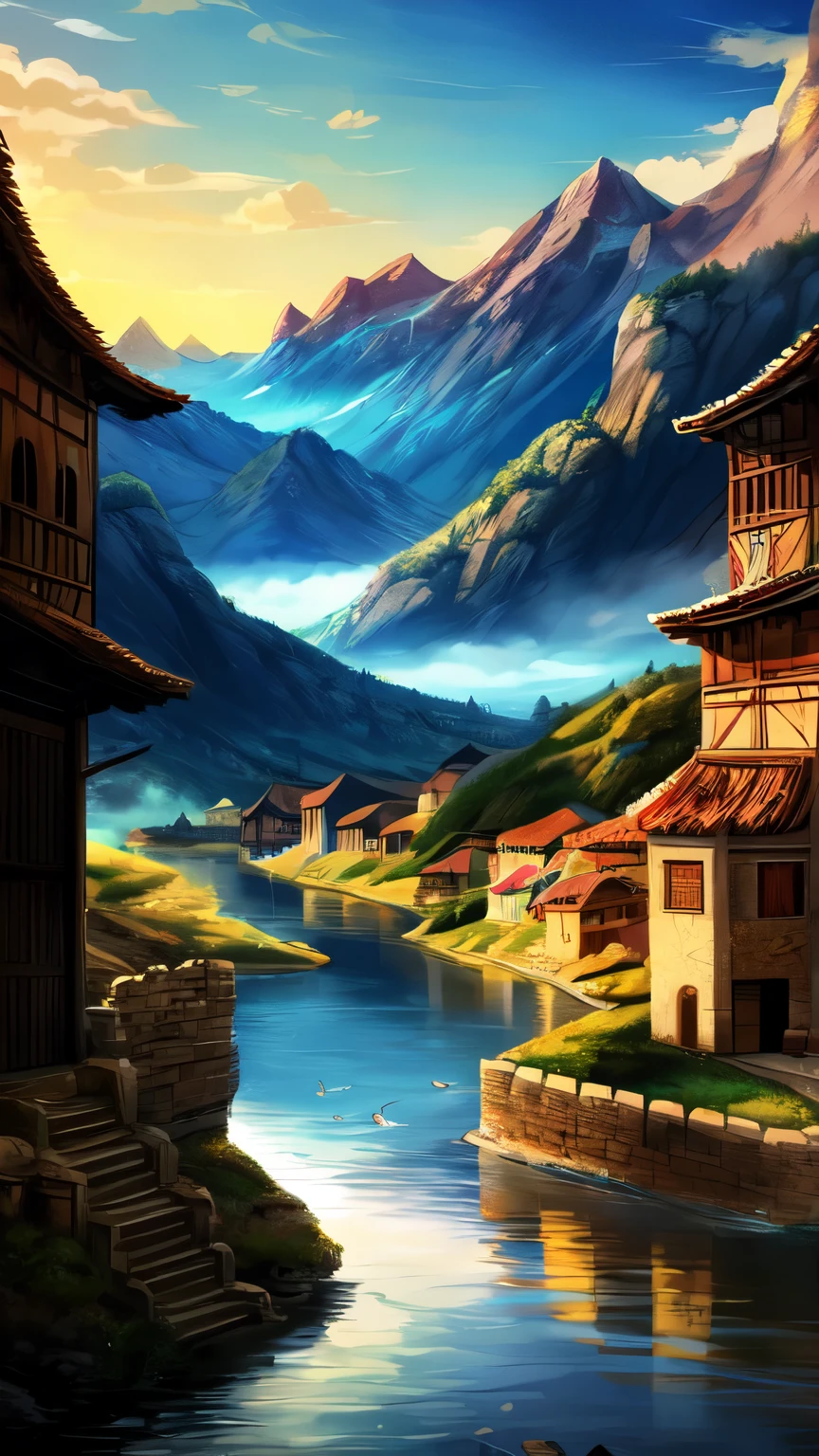 ((best quality)), ((masterpiece)), (detailed), An illustration of a peaceful ancient town with a river, mountains, and a silhouette of a bird in the background