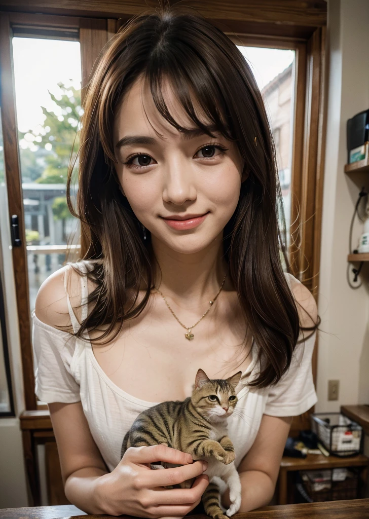 Realistic, photo-Realistic:1.37),(8K, RAW Photos, Highest quality, masterpiece:1.2), Ultra-detailed, 超High resolution, Kodak Vision Color, Filmed with an Arricam LT camera,Highest quality, Lively, 8K, High resolution, Escape, (Professional Lighting), (Portraiture:0.6), Brown Hair,22 years old、slender、pet Shopの店員、pet Shop、laugh、