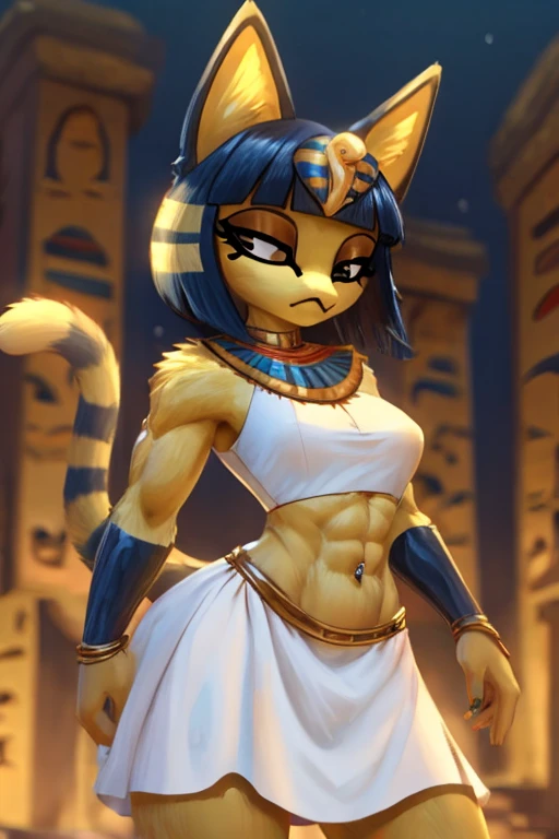 ((best quality)), ((masterpiece)), (detailed),  digital artwork of a  yellow cat ankha with abs and sunglasses wearing a crop top of her white sleeveless dress with white long dress skirt, a bare midriff and a bare navel, , Egyptian setting, anthro, furry style, tail, she looks snobbish, sideview, navel piercing,  blue Egyptian handbands, 