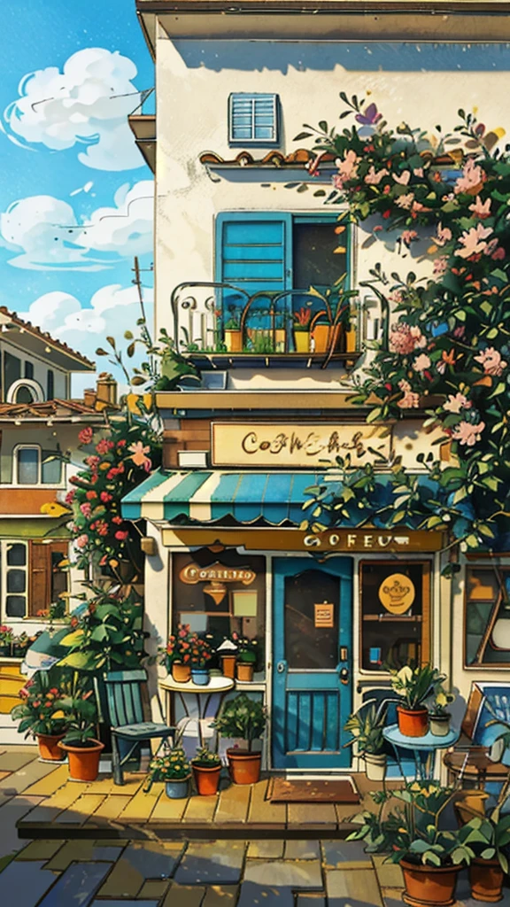 JZCG021,Flower store,coffee spot,tables,chairs,no one,windows,flowers,plants,potted plants,watercolor (medium),blue sky, cloudy sky, vast sky, landscapes,doors,air conditioning,paintings (medium),traditional media,houses,outdoors,balconies,architecture,masterpiece,best quality,high quality,Botanical,, masterpiece,best quality,high quality, 