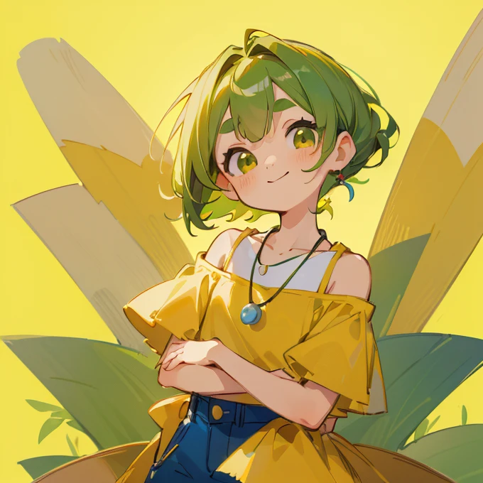 (masterpiece, Highest quality:1.2), (2 head body chibi character:1.1), Yellow-green hair, Chignon Hair, Top of the head, Yellow-green eyes, Yellow off-shoulder blouse, Denim shorts, Short bangs, Thick eyebrows, Round necklace, A gentle atmosphere, Hands together, smile, View your viewers, (Photo studio with blue background:1.0)
