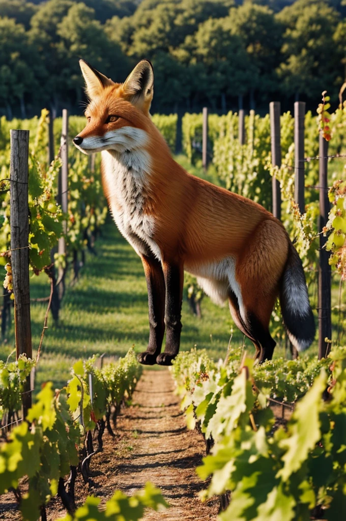 A fox stands in front of a vineyard.