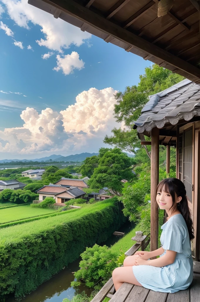 「Anime style Japanese summer countryside landscape、A large cumulonimbus cloud floating in the evening sky、The spreading wave of rice、A girl sitting on the veranda of an old house、The sea sparkling in the distance、Summer countryside landscape with green cicadas chirping」