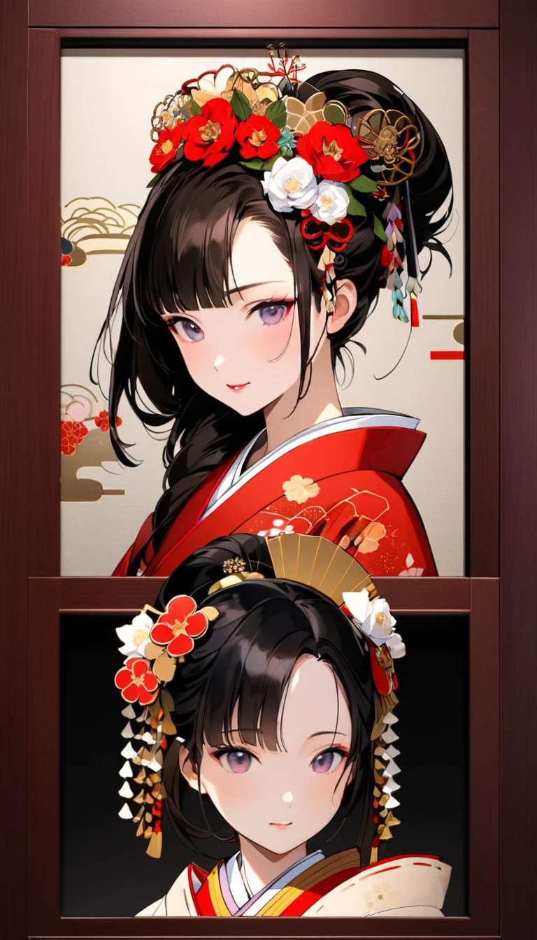 A 12-year-old princess wearing a red kimono and a flower crown, Traditional Japanese, traditional geisha clothing, Japanese women, Wearing Imperial Kimono, japanese geisha, geisha photo portrait, female geisha girl, elegant Japanese women, Japanese Kimono, In kimono, Traditional beauty, Wearing kimono and armor, portrait of geisha, wearing a haori, geisha She gets an old man's dick shoved in her pussy