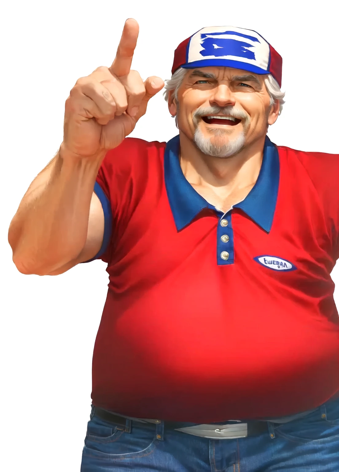 a close up of a man in his 60s wearing a red shirt and blue jeans, rising index finger, as a character in tekken, beefy, realistic textures, jeff bridges with a goatee, best friend opening the mouth as to say "eureka!", happy, Out Run 2 flagman, 2 k, 2k, muscular bernie sanders, buff man, character from king of fighters, robust stocky body, hide the pain harold, name of character is flagman, wise face, his cap has a SEGA logo on it, (short GREY hair)