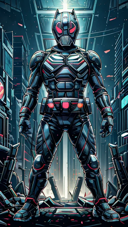 (8k),(masterpiece),(Japanese),(8-year-old boy),((innocent look)),((Childish)),From the front,smile,cute,Innocent,Kind eyes,Flat chest, black helmet, black domino mask, white mask, Black Panther,Bald,No Hair, Henshin Pose,night,dark, Neon light cyberpunk city,Kamen rider,camisa