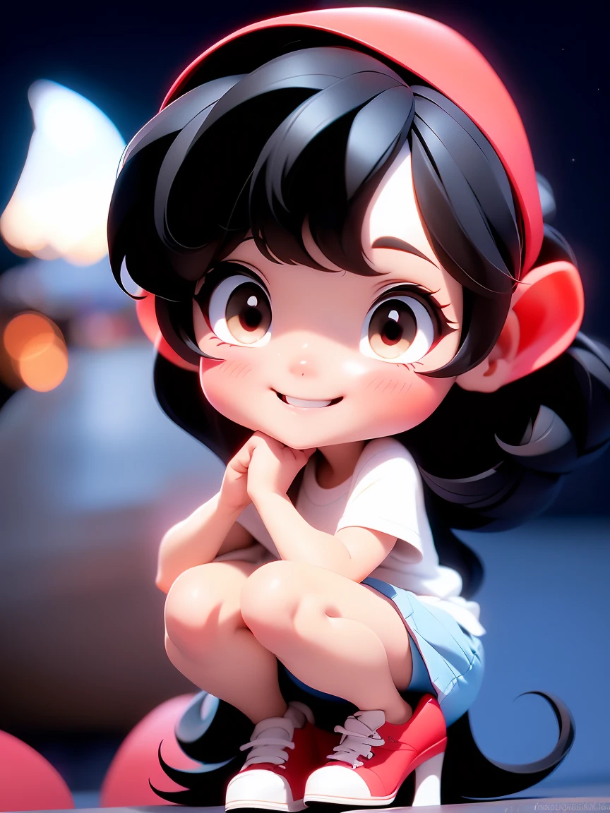 Smiling cute girl, Black Hair, Red Corner, Black pumps, squat, At night, Night view,
