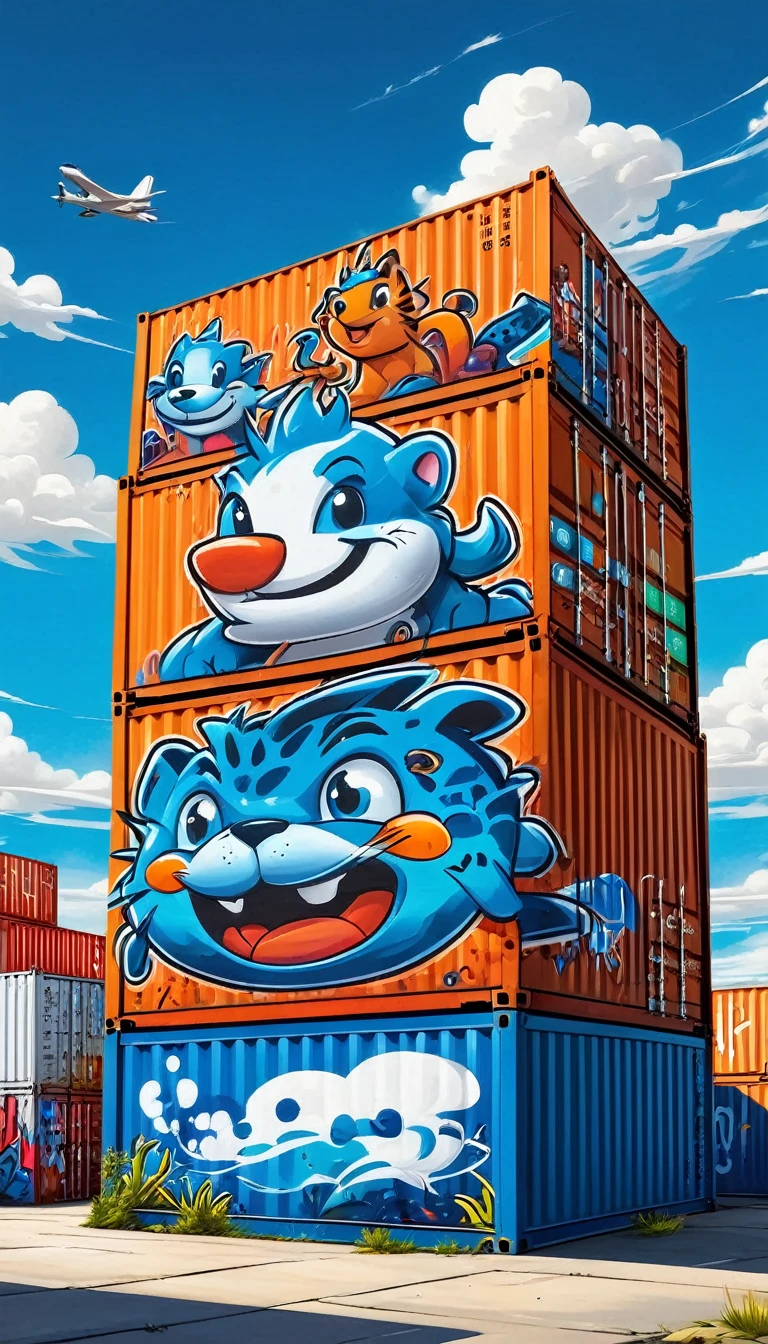 port,Cartoon graffiti on container,wild,Graffiti,Stacking,Blue sky and white clouds