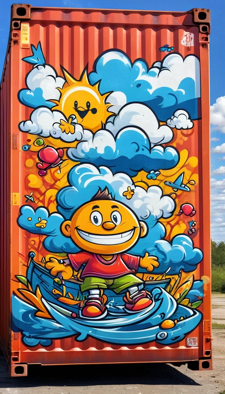 port,Cartoon graffiti on container,wild,Graffiti,Stacking,Blue sky and white clouds