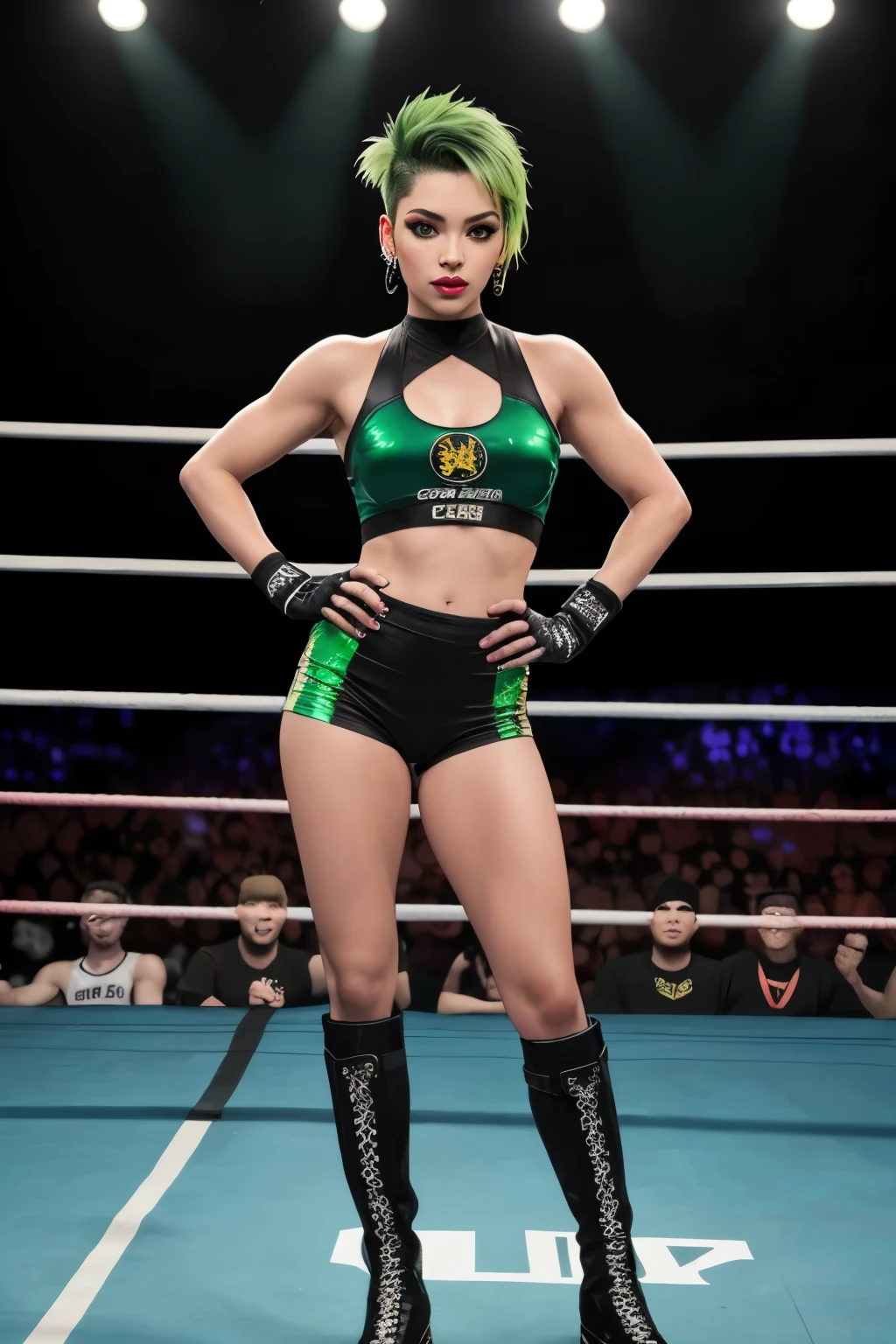 Cora Jade: The Generation Z Superstar
A high-tech digital artwork depicting NXT wrestler Cora Jade in a futuristic ring setting.
Cora Jade:
* Short, vibrant green hair styled in a messy pixie cut with shaved sides.
* Rebellious expression with bright green eyeliner and a nose ring.
* Black and green custom-designed wrestling attire with a punk rock vibe. Think ripped details, neon green accents, and maybe even a logo of her initials (CJ) incorporated into the design.
* Black fingerless gloves and high-top boots with green laces complete the outfit.
* Standing with a confident smirk, legs slightly spread apart and leaning on the turnbuckles.
* One hand holding a spray can, as if ready to tag the ring post, while the other hand rests on her hip, showcasing an attitude of defiance.
Background:
* A futuristic ring setting with holographic displays showcasing Cora Jade's name and logo.
* Blurred figures of fans with glowing lightsticks in the crowd create a modern, high-energy atmosphere.
Lighting:
* Neon lighting illuminates the ring and Cora Jade, emphasizing her edgy and rebellious personality.