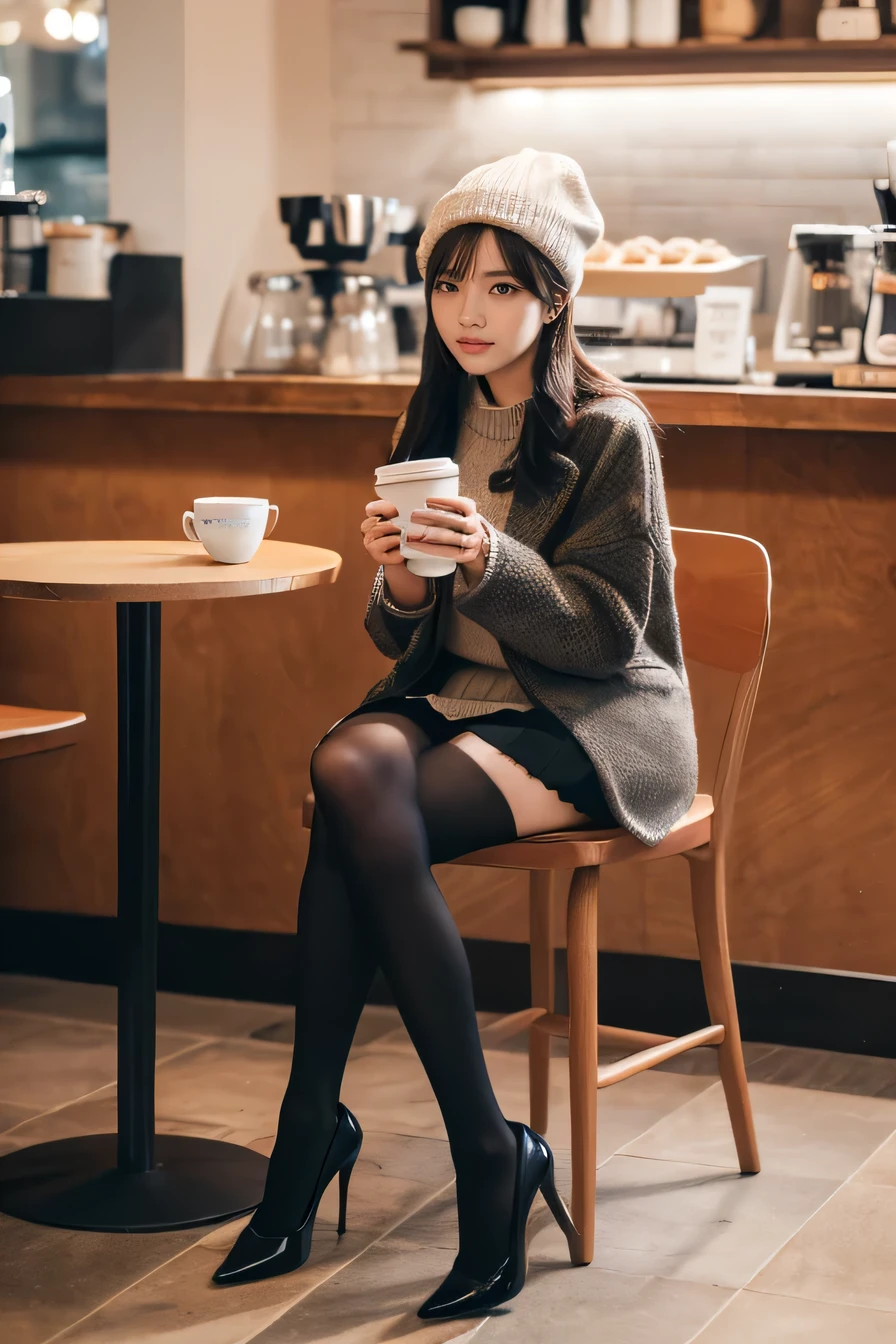 high quality,16K:1.1),(, Woman sitting on a chair in a coffee shop）（Full Body Shot:1.2),Black Hair、hat、ear piercing、smile、Beautiful teeth alignment、((coat、sweater、Knee-length skirt、tights、pumps)), ,(View your viewers:1.3),Coffee shop on background
