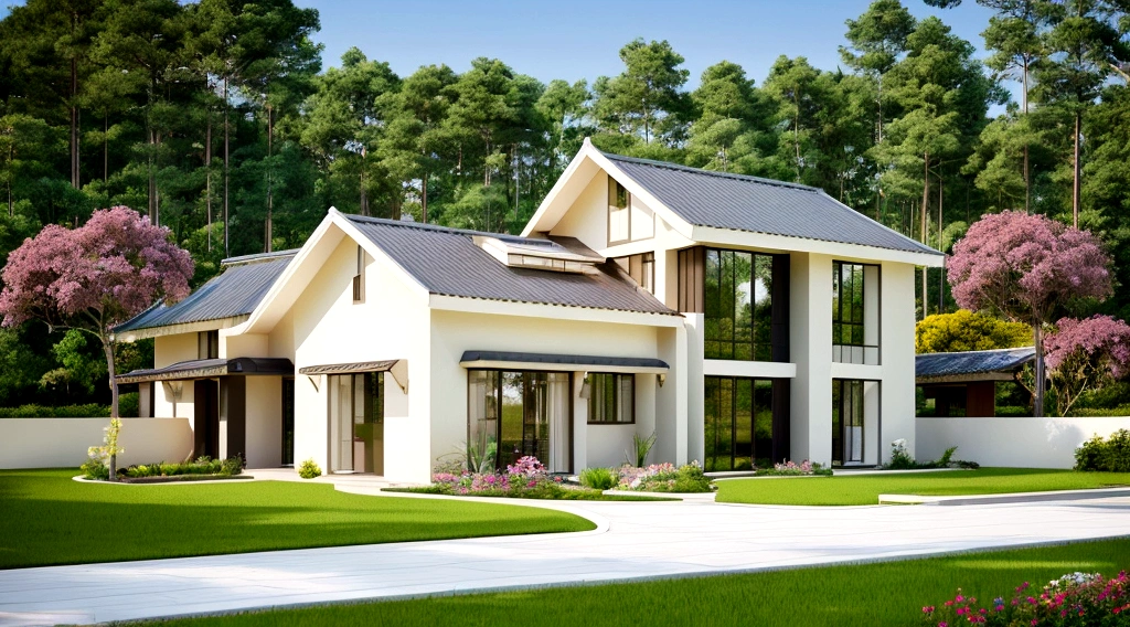 Exterior landscape of a modern one-story roadside house, Japanese tiled roof, creamy-yellow white walls, glass doors, glass railings, simple but elegant interior, surrounded by flowers and grass, blending together with nature, fresh air, natural light, surreal, high-end. -end. -quality images. Realistic images, 8K
