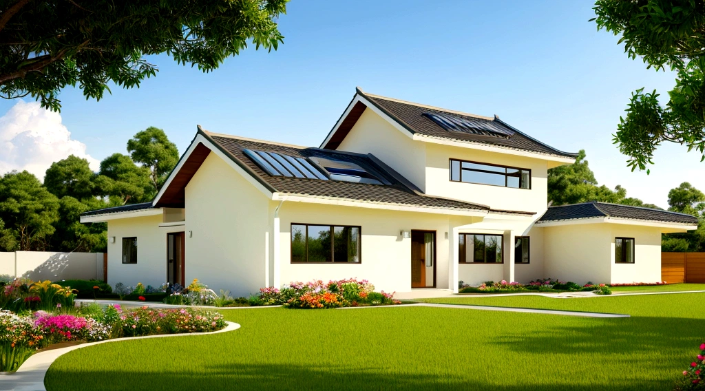 Exterior landscape of a modern one-story roadside house, Japanese tiled roof, creamy-yellow white walls, glass doors, glass railings, simple but elegant interior, surrounded by flowers and grass, blending together with nature, fresh air, natural light, surreal, high-end. -end. -quality images. Realistic images, 8K