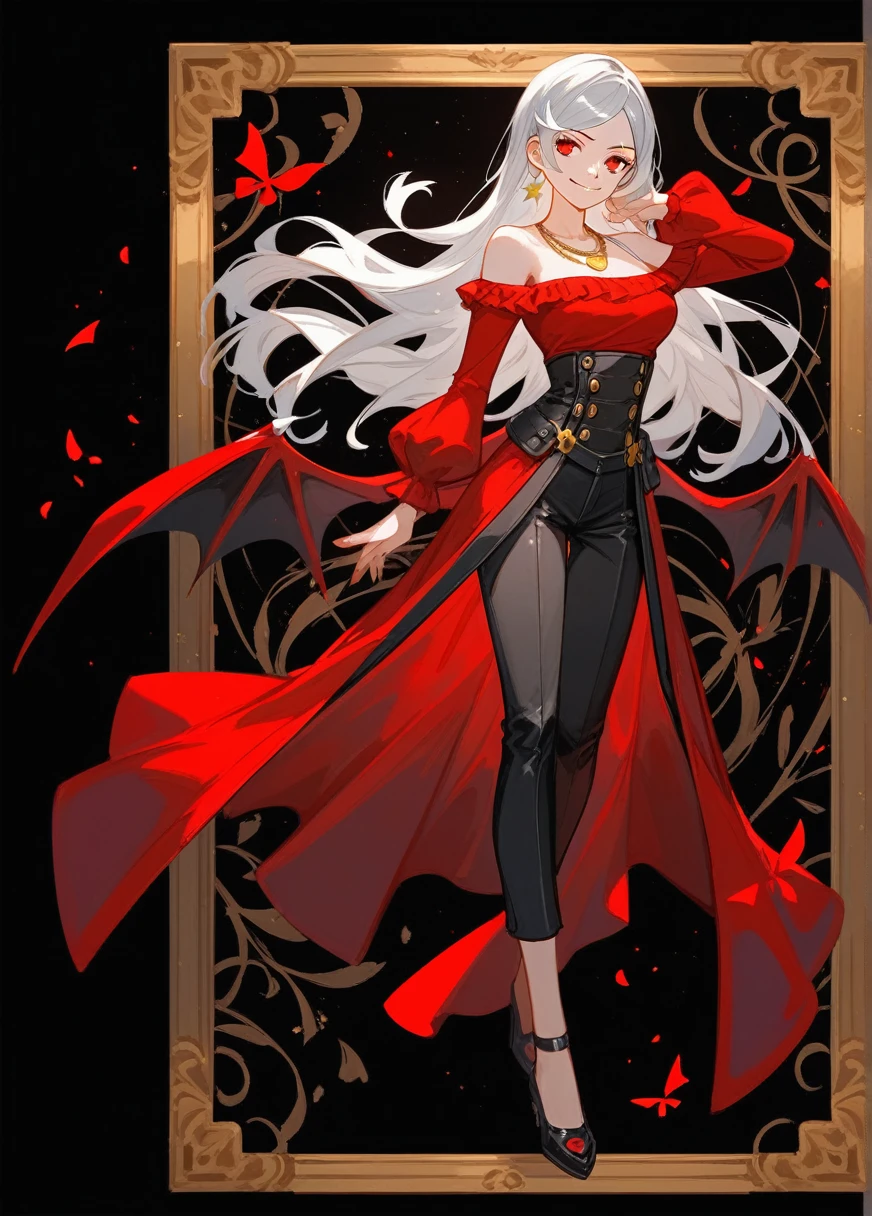 (Fraction_9,Fraction_8_Direction_7_up),1 Woman,(Sexy),Half Body,Tiger Teeth,Flattering,Smirk,身着Sexy燕尾服,vampire,Gold necklace,Gold earrings,There is a woman wearing a red shirt and black pants, Inspired by Huang Ji, Fashion Design, Black and red silk dress, Inspiration from the ages, Ruffled Clothing, Gorgeous crimson finery, Only available in black and red!!!, picture, Inspired by Xie Huan, Inspired by Yuan Jiang, Full body fairy, Red and black clothing!!!Red Eye,Broken bat wings, Illustration by Shigenori Soejima, Persona 5 art style wlop, Official artwork with high detail, Very detailed and beautiful fan art, guilty gear art style,No background,