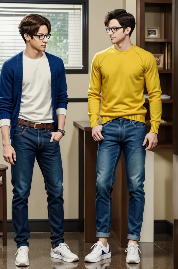 Screenshot of my hero academia Izuki Midoriya next to a tall white-skinned boy with glasses with medium-long hair that covers his face a little with a yellow sweater with blue jean pants and flat tennis shoes holding a chocolate cake and in the background a UA class