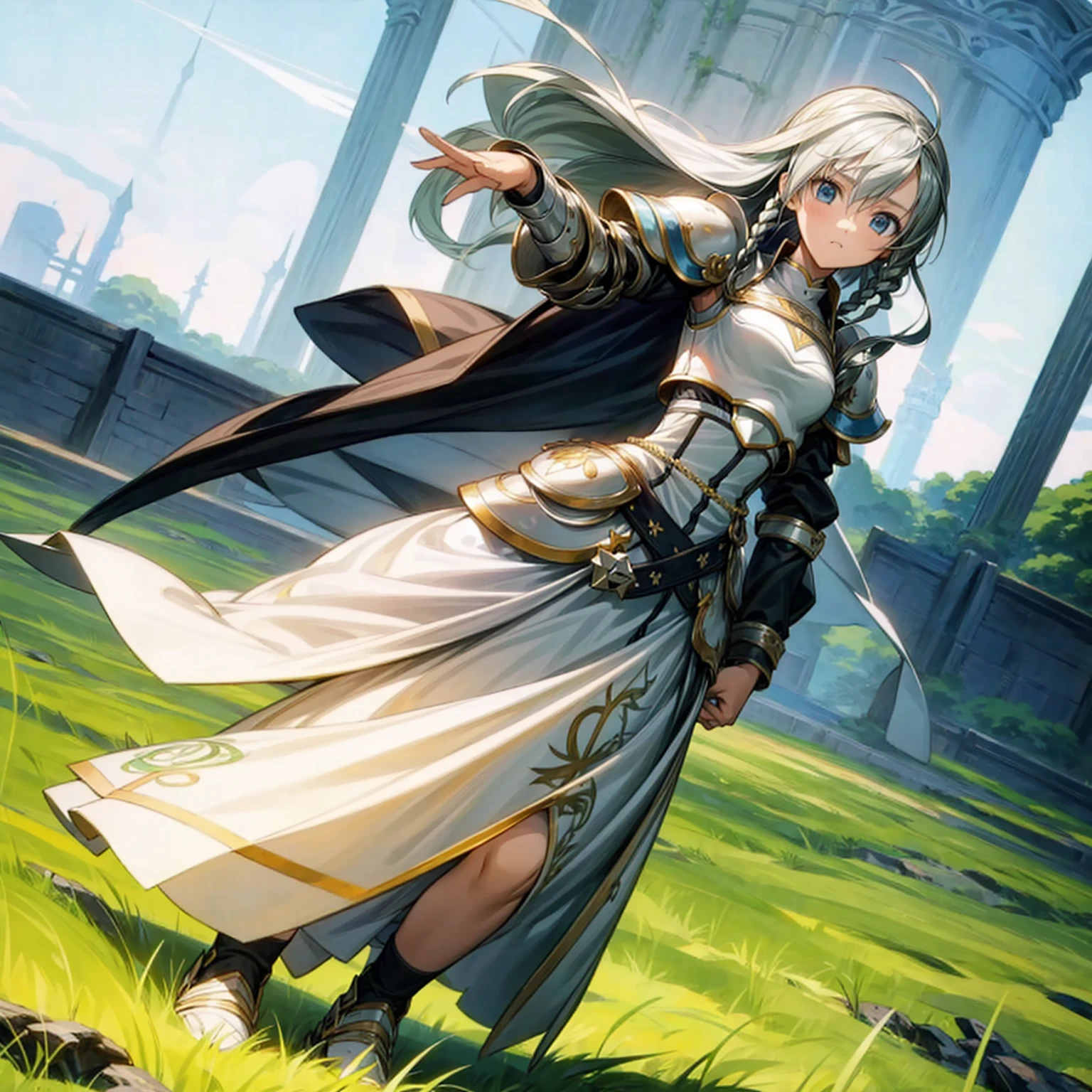 1girl, Full body version, 1character,  version, blue eyes color, long haircut, white and yellow colour hair, formal style clothing, medieval armour, one sword in hand, Grassroots, background in green field, motion blur, (Hunter x Hunter style)