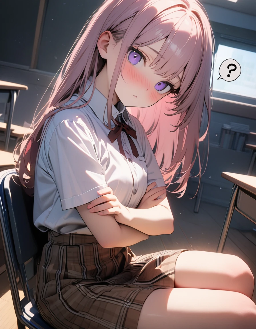 (8K, best quality, master piece: 1.2),super high resolution,1 cute girl,独奏,,ultra-detailed face,detailed eyes,purple eyes,upturned eyes,Sitting in a chair,((head tilt)),(fold-arms,spoken question mark),Straight hair,Long hair,Smoky pink hair,short sleeve white Blouse shirt,Brown skirt in plaid skirt,Ribbon tie,flabbergasted,nose blush,It's a D cup,There is a study desk in front of the girl,Professional Lighting,Dutch Angle,School classroom