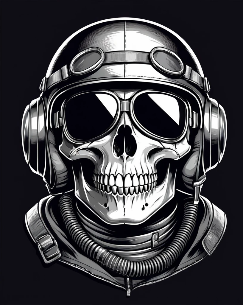 Vector skull in retro pilot helmet, t shirt design, monochrome color , vector,  ((black backdrop)) . awardwinning, proffesional, highy detailed