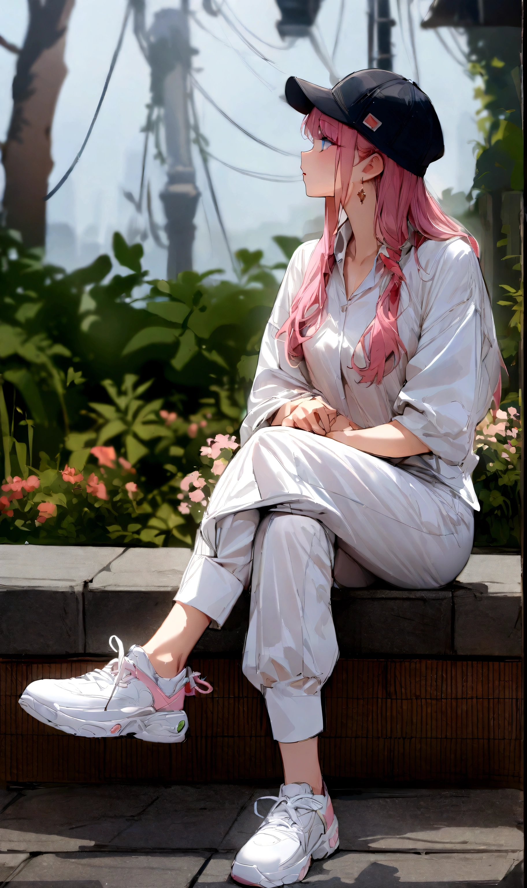 profile、Pink Hair, High resolution, 1 Girl, Korean, Eyes with heterochromia, best quality, (masterpiece), best quality, 1girl, (独奏:1.1), Lens 135mm f1.8, highly detailed, intricate, (sketch:0.8), (white background:1.1),