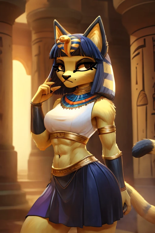 ((best quality)), ((masterpiece)), (detailed),  digital artwork of a  yellow cat ankha with abs and sunglasses on her head wearing a crop top of her white sleeveless dress with white long dress skirt, a bare midriff and a bare navel, , Egyptian setting, anthro, furry style, tail, she looks snobbish, sideview, navel piercing,  blue Egyptian handbands, 