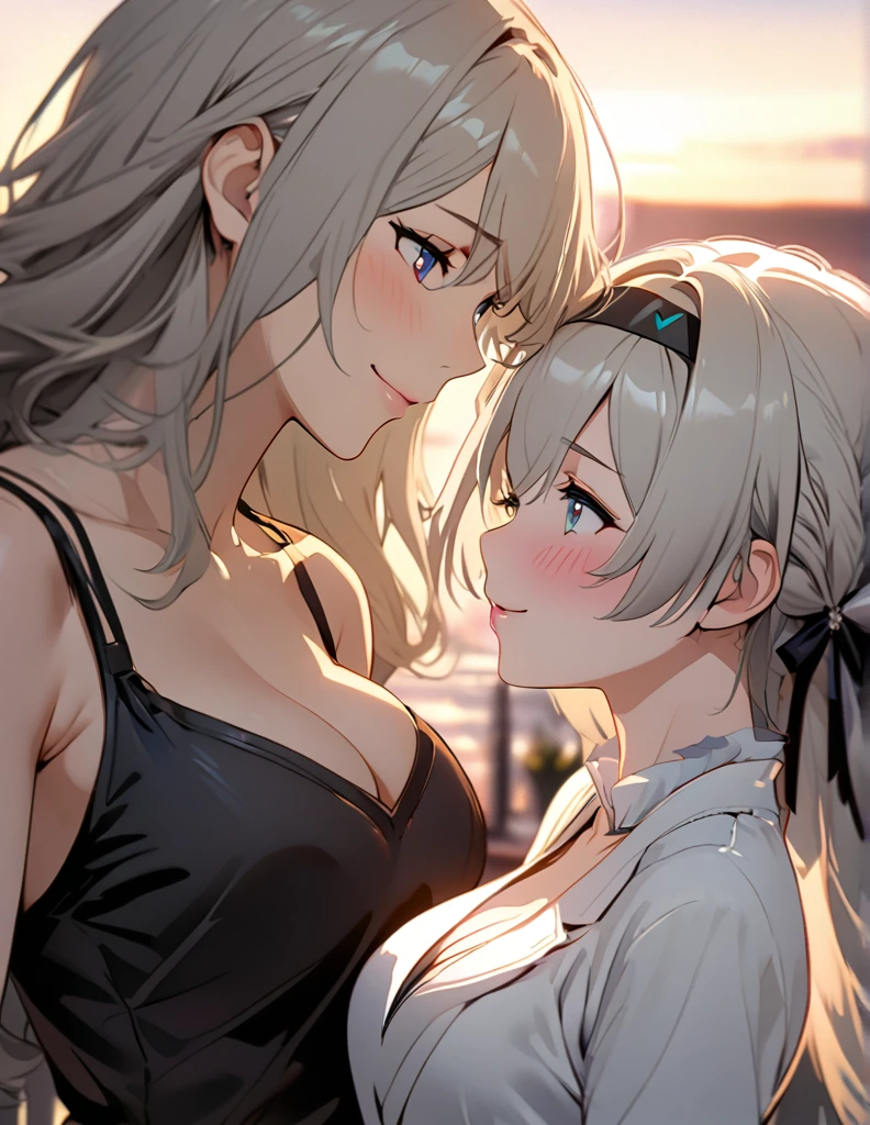 beautiful girl, long grey hair, beautiful face,smiling,close up to hips, beautiful breast, illustration,detailed textures(realists),ultra-detailed,portrait style,vivid colors,soft lighting, blushing, mature, hair fluttering, evening light , head band, ((half body)), wearing simple shirts , cleavage, ((side profile until hips)), very shy, Couple, wedding style, Wedding dress, White Tuxedo, love confession, heart, pink, magic, kissing,