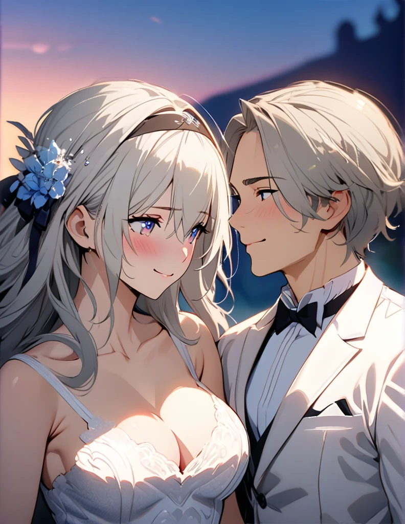 beautiful girl, long grey hair, beautiful face,smiling,close up to hips, beautiful breast, illustration,detailed textures(realists),ultra-detailed,portrait style,vivid colors,soft lighting, blushing, mature, hair fluttering, evening light , head band, ((half body)), wearing simple shirts , cleavage, ((side profile until hips)), very shy, Couple, wedding style, Wedding dress, White Tuxedo, love confession, heart, pink, magic, kissing,