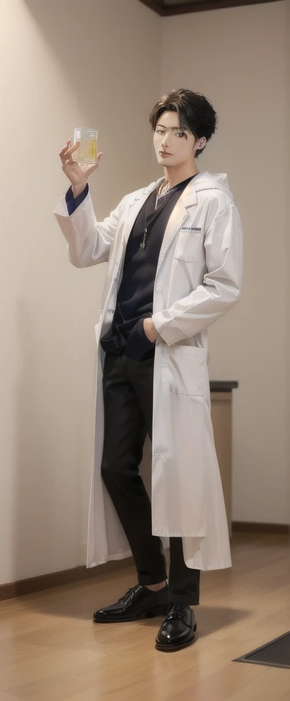 (Fair skin),((white lab coat)), (black hoodie underneath),Iris,(gender: Natural Face),(Japanese),(leather shoes),long body,handsome young asian man, Japanese idol style, short clean-cut hair, (center part), calm confident expression, hands in lab coat pockets, plain white background, portrait, high quality, detailed, 8K