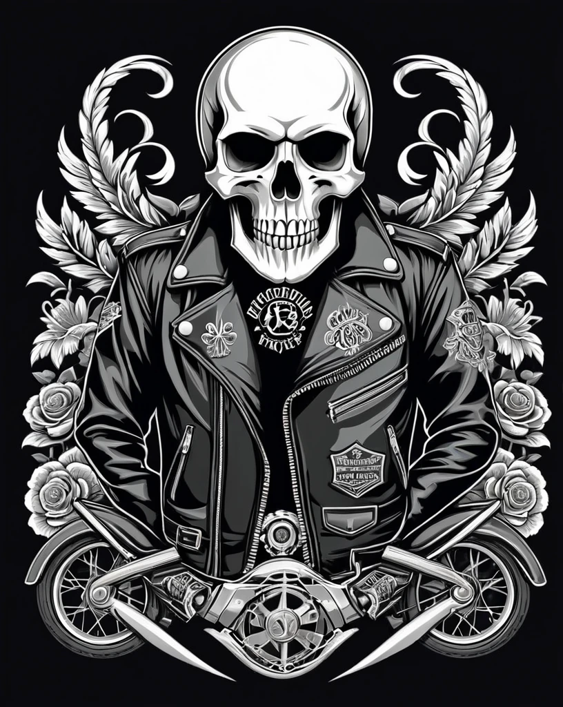 Classic biker embroidery vector for coat. , t shirt design, monochrome color , vector,  ((black backdrop)) . awardwinning, proffesional, highy detailed