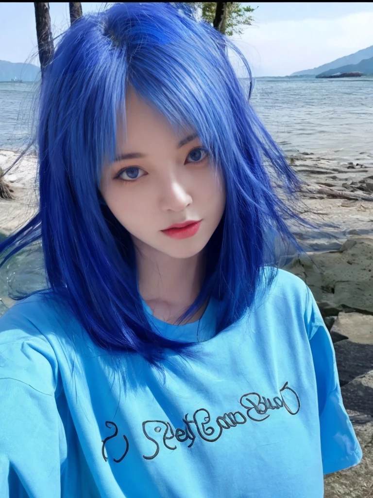 8K high quality，1 woman，Blue Hair：1.5，Look at the camera