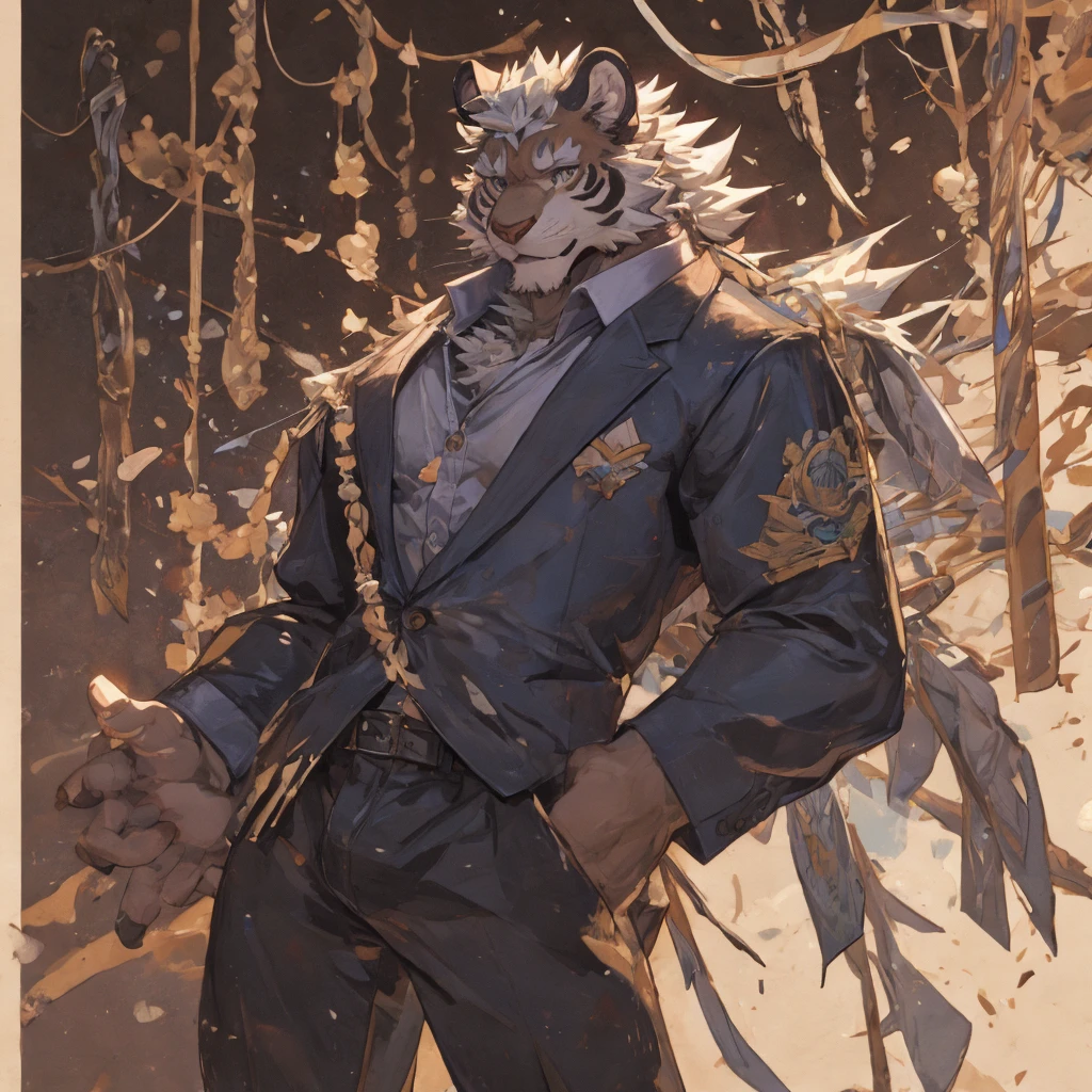 {{bara extremely handsome white tiger,}} {{white fur,}} white, wearing elegant ornate suit jacket, trousers, white dress shirt and necktie, white fluffy furry body and limbs, loafers, very tall, very broad shoulders, narrow waist, muscular arms, massive pecs, purple eyes, very long legs, massive bulge, sophisticated hot look, 3/4 view, best quality, high detail, CG image, character splash art, silver earring on left ear, sultry smirk