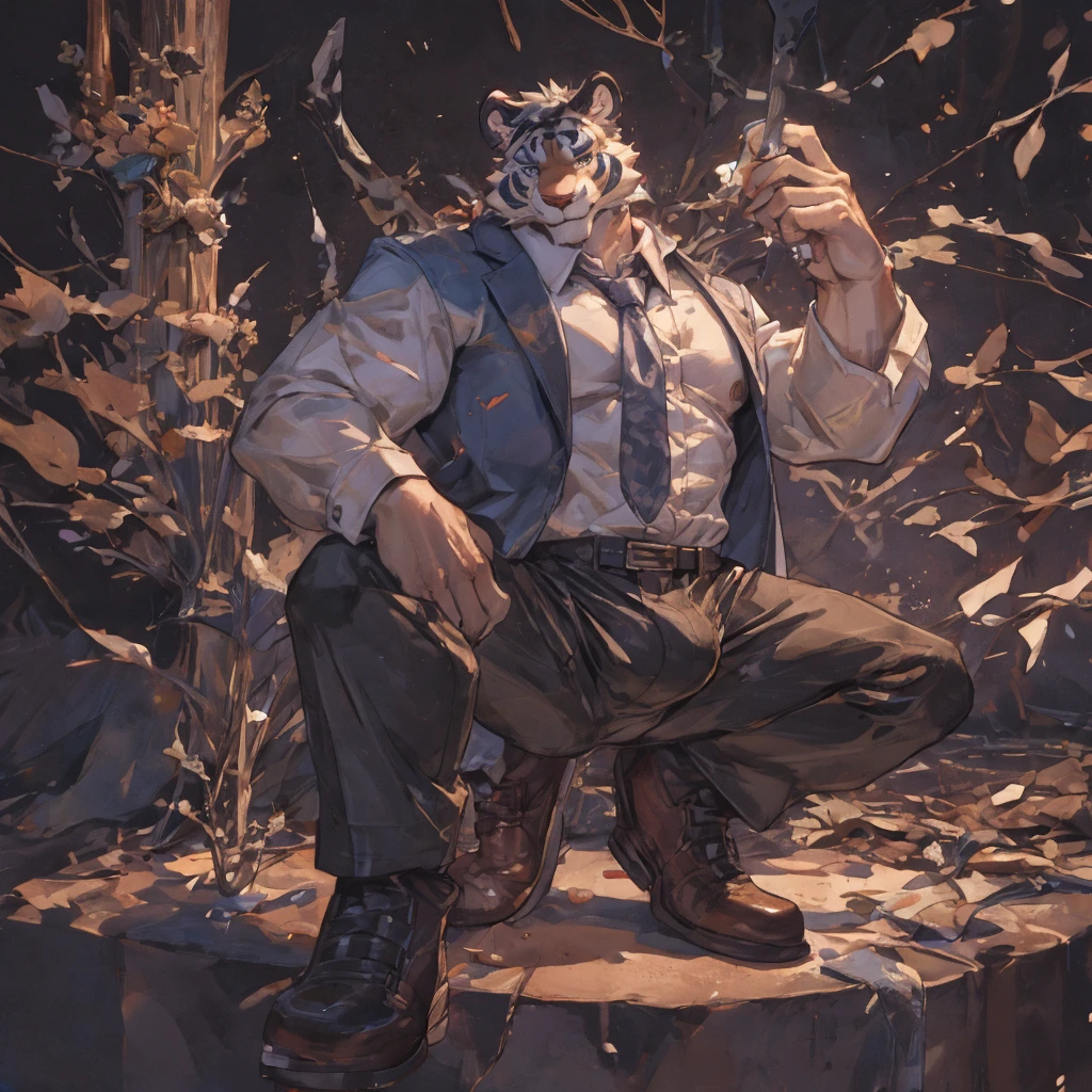 {{bara extremely handsome white tiger,}} {{white fur,}} white, wearing elegant ornate suit jacket, trousers, white dress shirt and necktie, white fluffy furry body and limbs, loafers, very tall, very broad shoulders, narrow waist, muscular arms, massive pecs, purple eyes, very long legs, massive bulge, sophisticated hot look, 3/4 view, best quality, high detail, CG image, character splash art, silver earring on left ear, sultry smirk