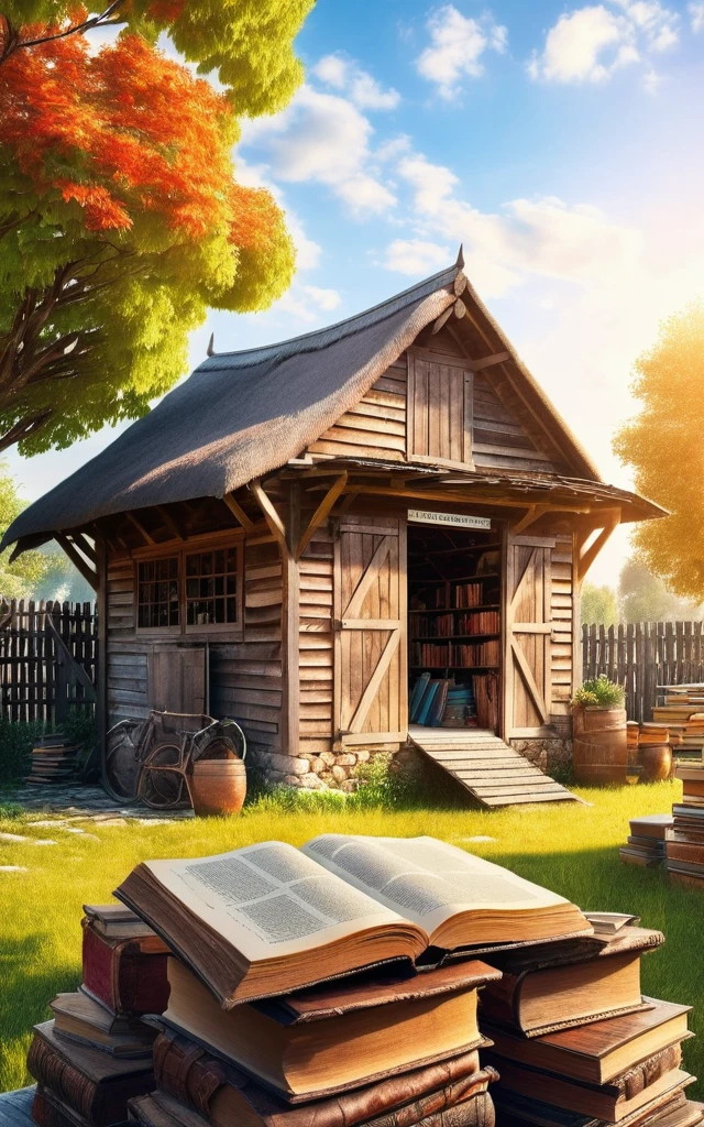 (Highest quality), masterpiece, Complex, High detail, Professional photos, 8K Ultra HD, Sharp focus, (Realistic photos:1.2),Old wooden shed on top of books