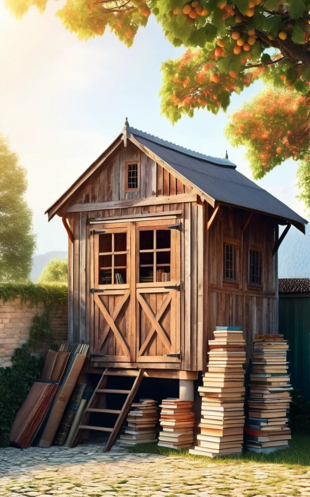 (Highest quality), masterpiece, Complex, High detail, Professional photos, 8K Ultra HD, Sharp focus, (Realistic photos:1.2),Old wooden shed on top of books