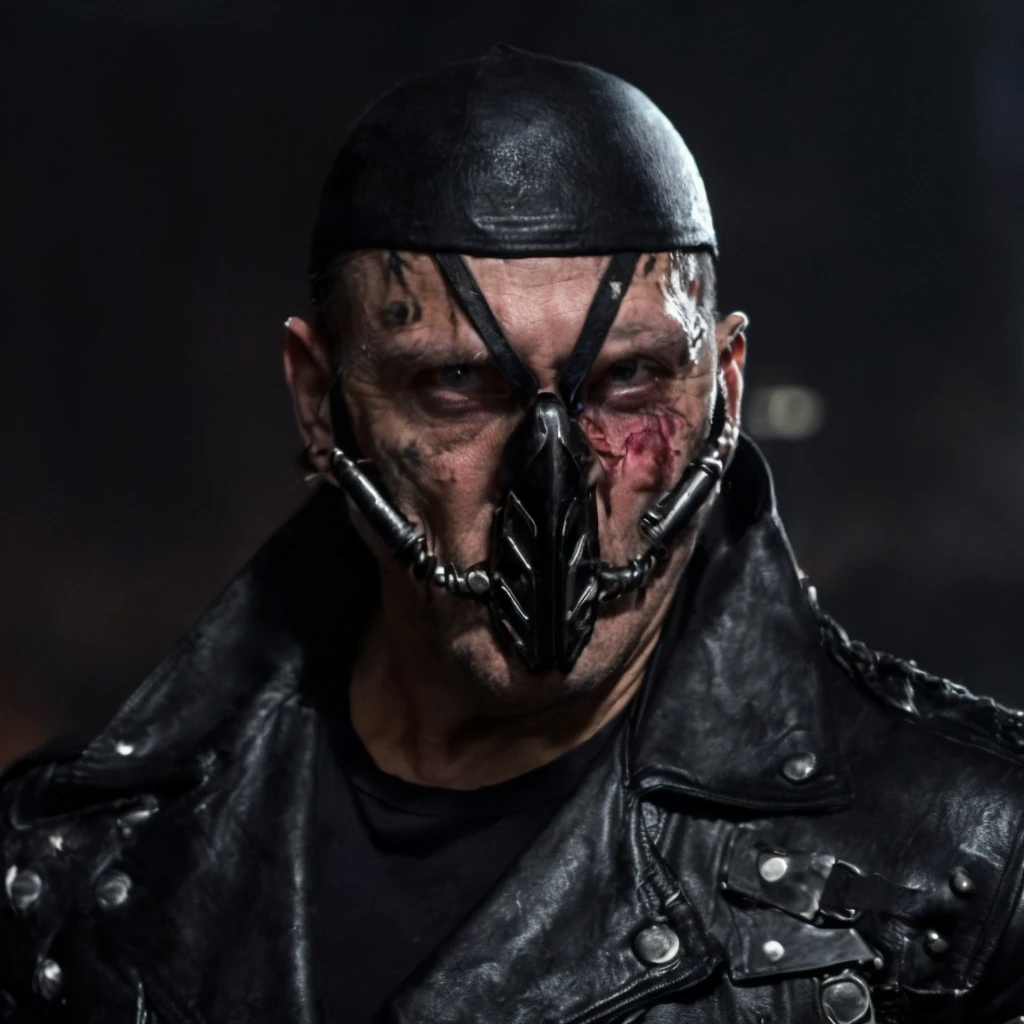 Prompt: (masterpiece)+, (extremely (realistic)+,a portrait of an extremely ugly Massive nazi-satanist post-apocalyptic raider punk. bad skin, dirty skin, scars and bruises, warpaint, dressed in a black leather jacket over bare chest and raider gear, makeshift outfit. Mad max. Raider. evil grin. Crazy stare. Front photo. Looking in camera. volumetrics dtx, Photorealistic, ultra detailed, Artstation trending, very very detailed, realistic shaded lighting, dynamic shadows, detailed Night riot streets background, upper body, professional photograph of a detailed skin, sharp focus, dramatic, award winning, cinematic lighting, octane render, unreal engine, volumetrics dtx, Photorealistic, ultra detailed, Artstation trending, very very detailed, hyperrealistic, fine details, realistic shaded lighting, dynamic shadows, Night riot streets background, add_detail:1, skin pores and wrinkles, details.,More Reasonable Details
