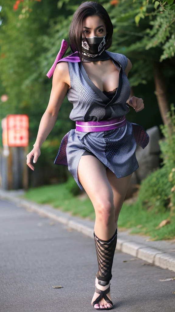 Latina Female ninja wearing short kimono in fishnet with sexy bare feet and toes exposed with boob cleavage showing running 