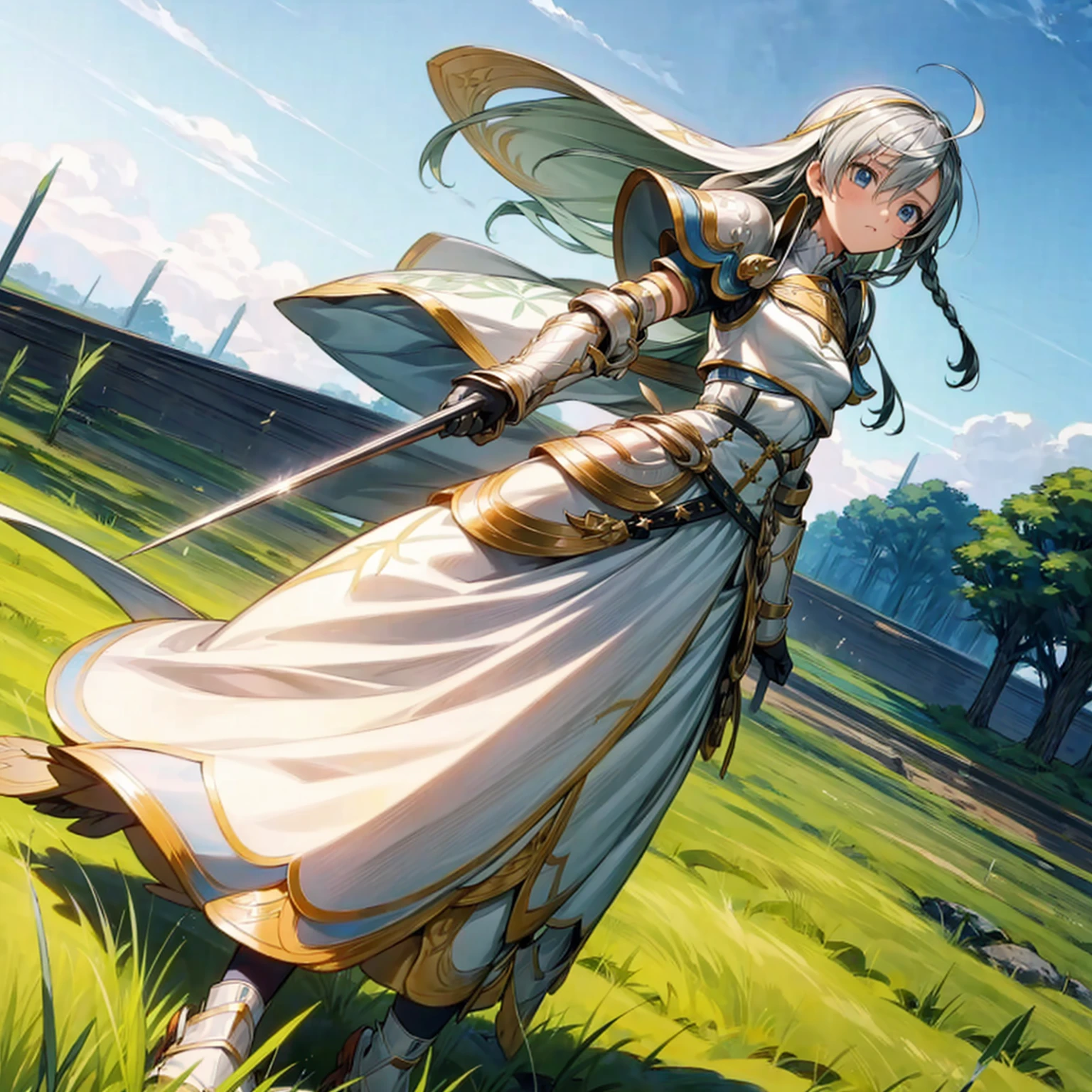 1girl, Full body version, 1character, children version, blue eyes color, long haircut, white and yellow colour hair, formal style clothing, medieval armour, one sword in hand, Grassroots, background in green field, motion blur, (Hunter x Hunter style)