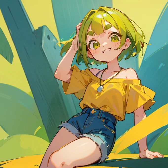 (masterpiece, Highest quality:1.2), (2 head body chibi character:1.1), Yellow-green hair, Bob Hair, Top of the head, Yellow-green eyes, Yellow off-shoulder blouse, Denim shorts, Short bangs, Thick eyebrows, Round necklace, A lively atmosphere, Hands together, smile, View your viewers, (Photo studio with blue background:1.0)