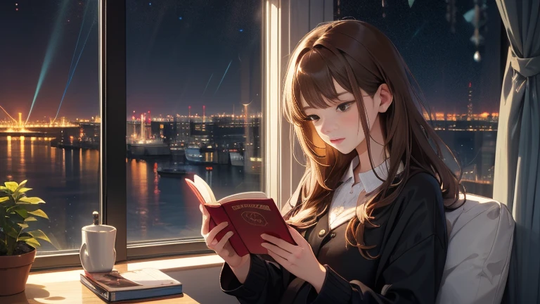 big windows, cityscape on a rainy night, A girl with brown hair and black eyes is holding a book in one hand, probably falling asleep while reading a book by the window..