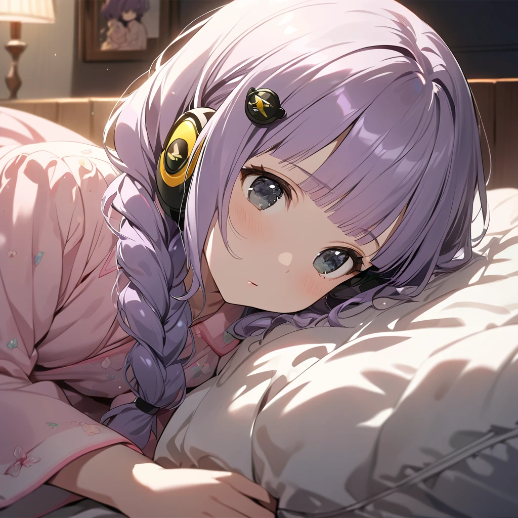 (Cute a girl:1.5), (a chibi girl with closs hair pin, pale purple hair, wavy two braids, blunt bangs hair, green and black eyes,pink pajamas:1.4), anime visual, (tilt head:1.3), realistic lighting and shading, (an extremely delicate and beautiful art:1.3),Bedroom at night, knees hugged on bed, side view, square black headphones, Marshall logo on headphones, looking lonely,
