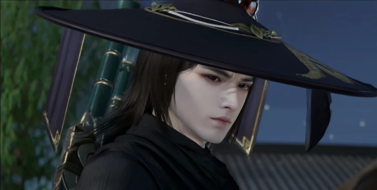 Man wearing a cone hat, eye detail, nose detail, mouth detail, long black hair, cut wound on the nose, black shirt, realistic.